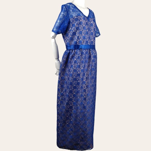Vintage 1960s Sapphire Lace Cocktail Dress MOD MCM Hostess Dress Jewel Blue Maxi - Picture 4 of 11